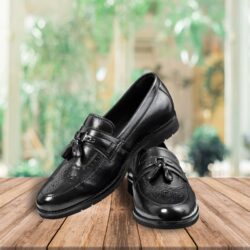 Handmade Genuine Leather Tasseled Black Slip On Brogues Egleshoes